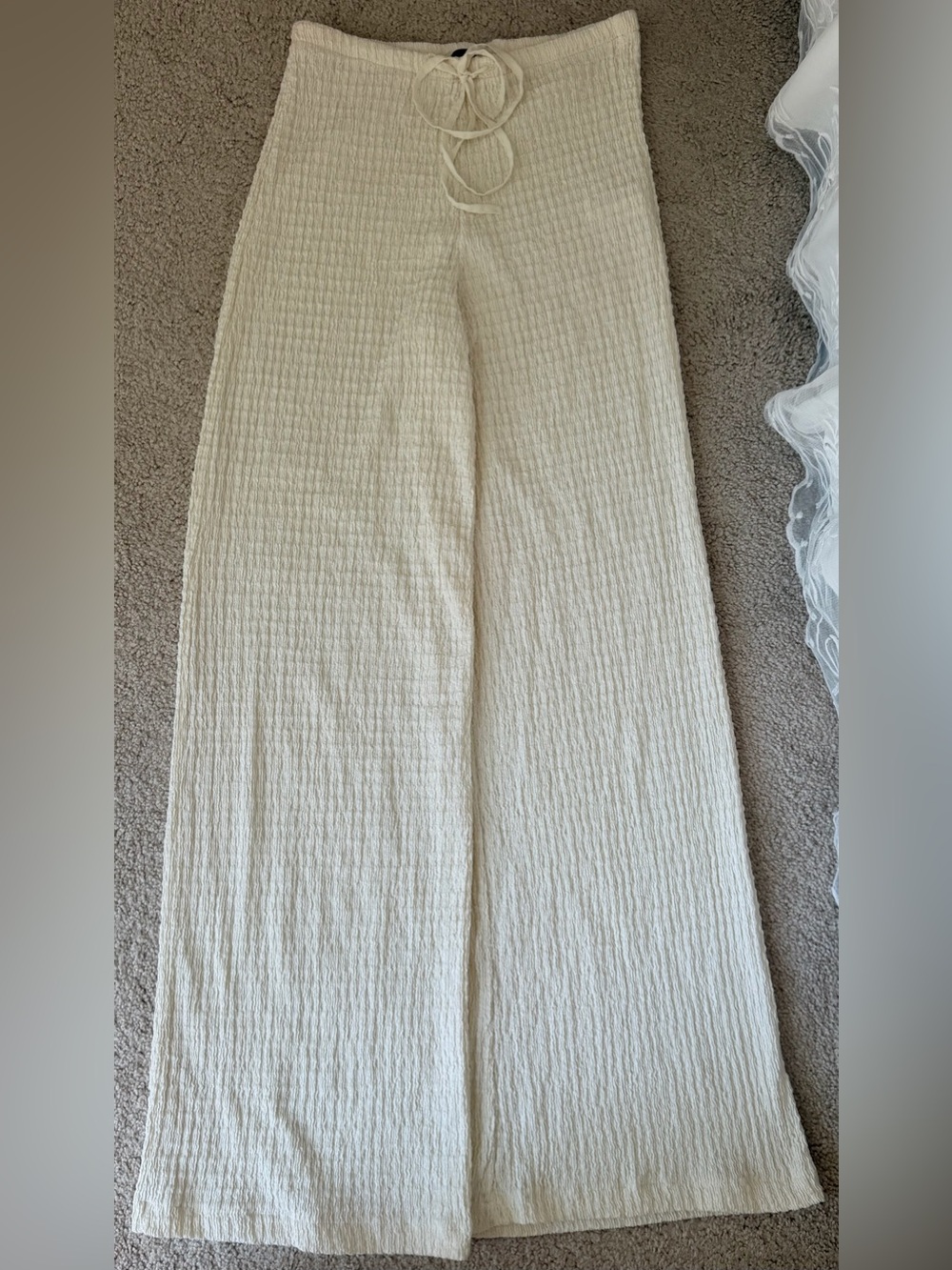 Zara Cream Textured Wide Leg Stretchy Drawstring Pants Size Small